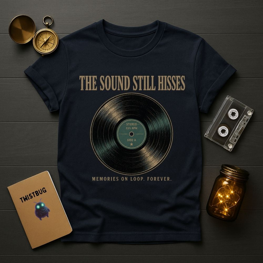 A navy blue graphic t-shirt laid flat on a dark wood background, surrounded by vintage-style props including a pocket watch, cassette tape, notebook, and glowing mason jar. The shirt features a vinyl record graphic with the text 'THE SOUND STILL HISSES' and 'MEMORIES ON LOOP, FOREVER.