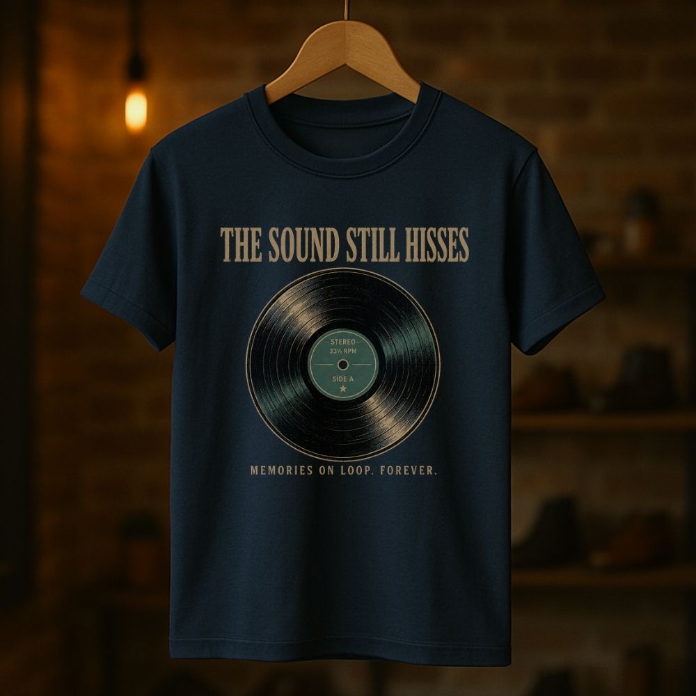 A navy blue graphic t-shirt hanging on a wooden hanger against a warm, blurred brick wall background. The shirt features a vintage vinyl record graphic in the center with the text 'THE SOUND STILL HISSES' above it and 'MEMORIES ON LOOP FOREVER.