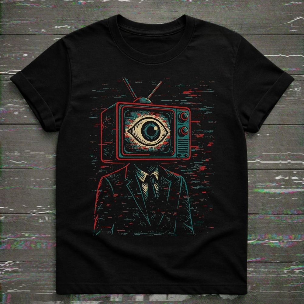 Black t-shirt featuring a vintage CRT television-headed figure with a large eye on the screen surrounded by analog static and glitch textures.