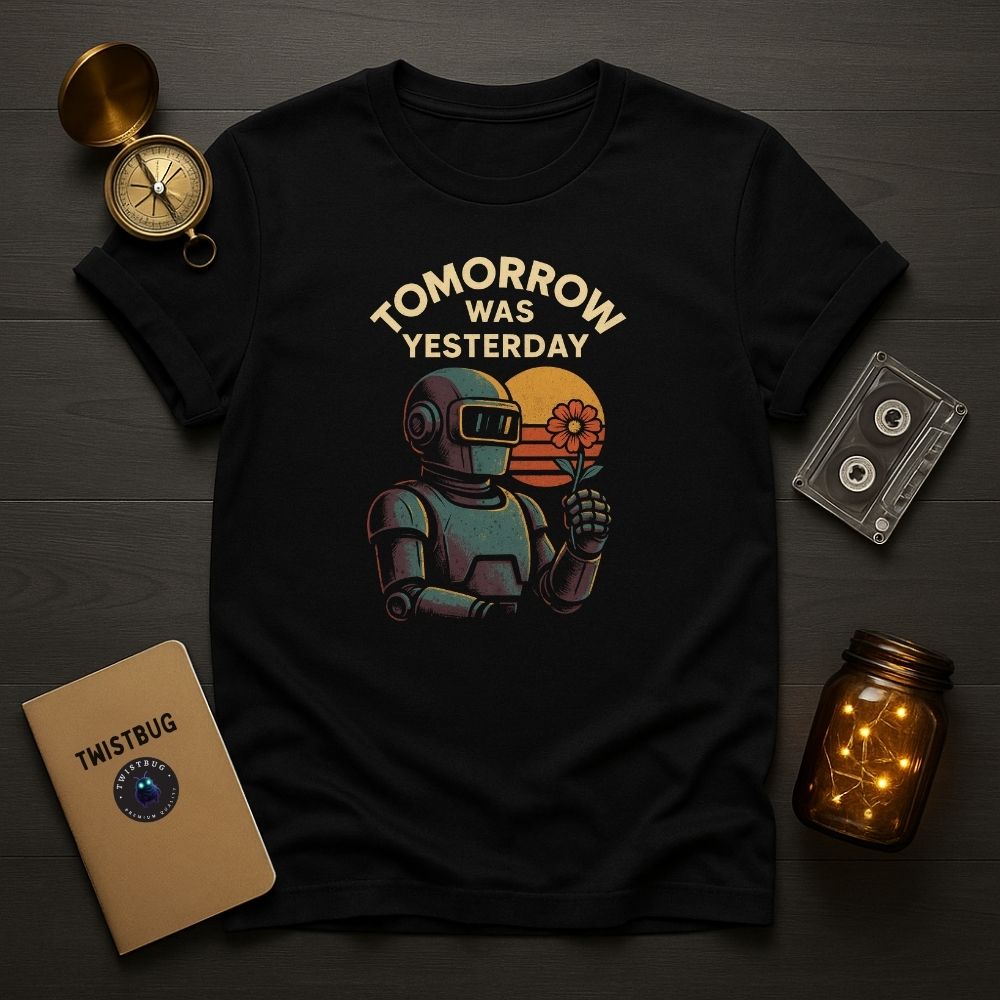 Black T-shirt with retro robot holding a flower and text “Tomorrow Was Yesterday,” vintage sunset background — Twistbug design.