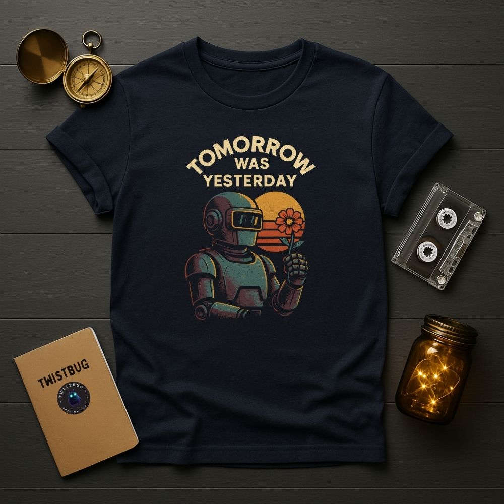 Navy T-shirt featuring futuristic robot and flower graphic under text “Tomorrow Was Yesterday,” retro-futuristic art style.