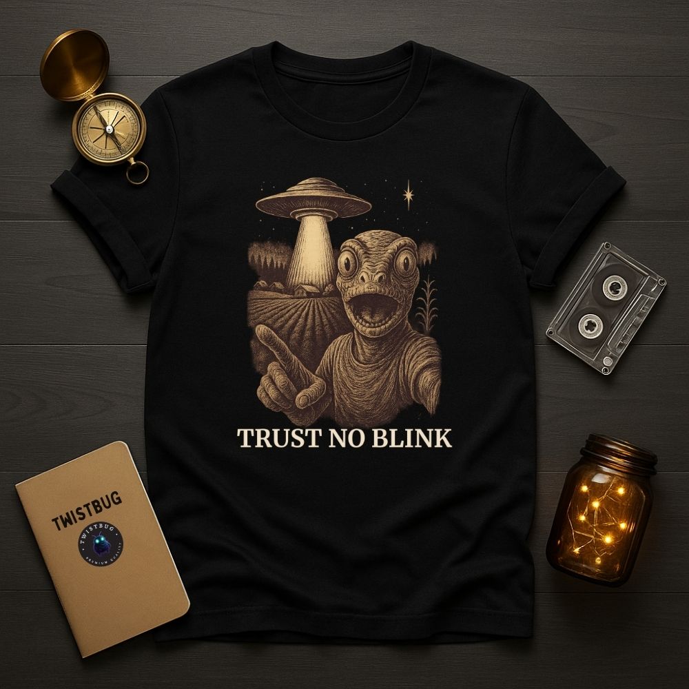 Black T-shirt featuring sepia UFO beam and lizard-eyed alien with text “Trust No Blink” — Twistbug retro weirdcore design.