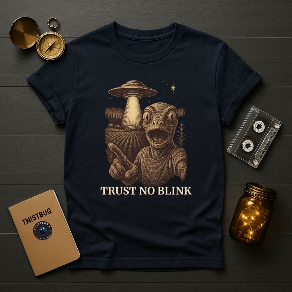 Navy T-shirt with vintage alien illustration and slogan “Trust No Blink” — surreal sci-fi art by Twistbug.