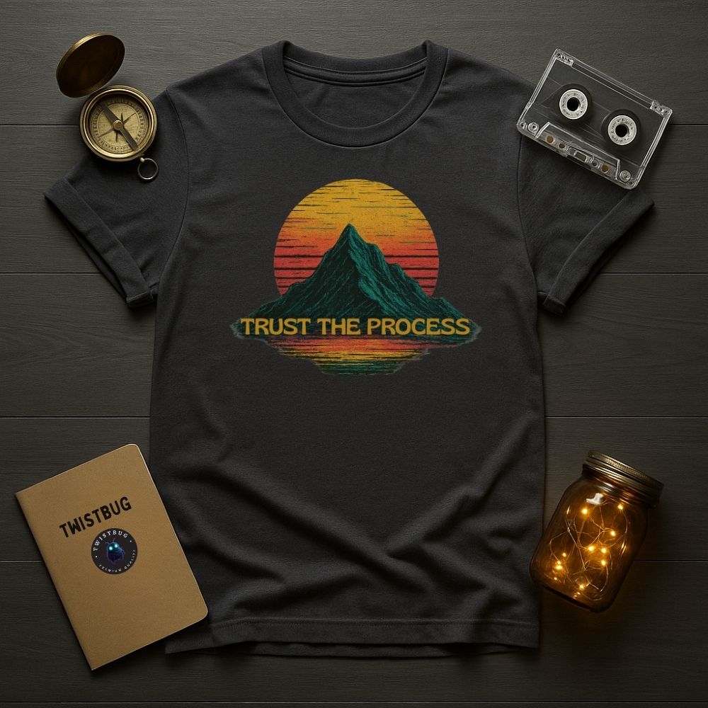 Charcoal motivational tee with vintage mountain design on dark wood background.