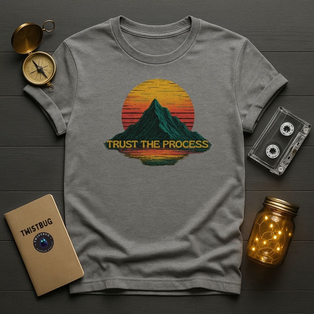 Sport grey inspirational T-shirt with mountain art and warm tones.