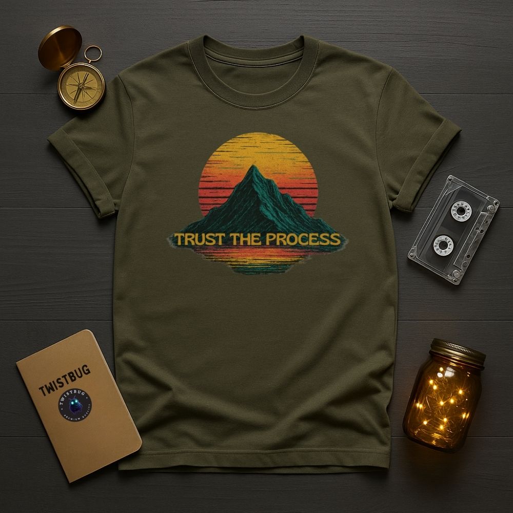 Military green “Trust the Process” shirt with retro sunset print.