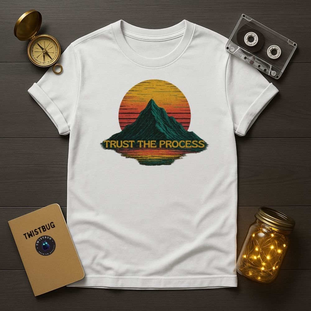 White “Trust the Process” mountain tee, minimalist flat lay setup.