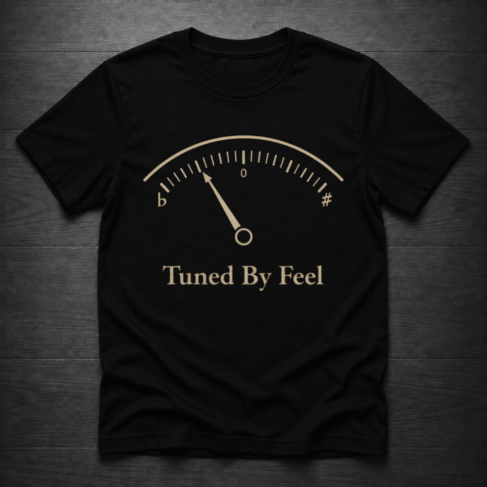 A black short-sleeve crewneck t-shirt with a gold graphic of a car speedometer and the text 'Tuned By Feel' printed on the front, displayed flat on a dark wood background.