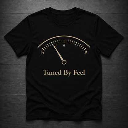 A black short-sleeve crewneck t-shirt with a gold graphic of a car speedometer and the text 'Tuned By Feel' printed on the front, displayed flat on a dark wood background.