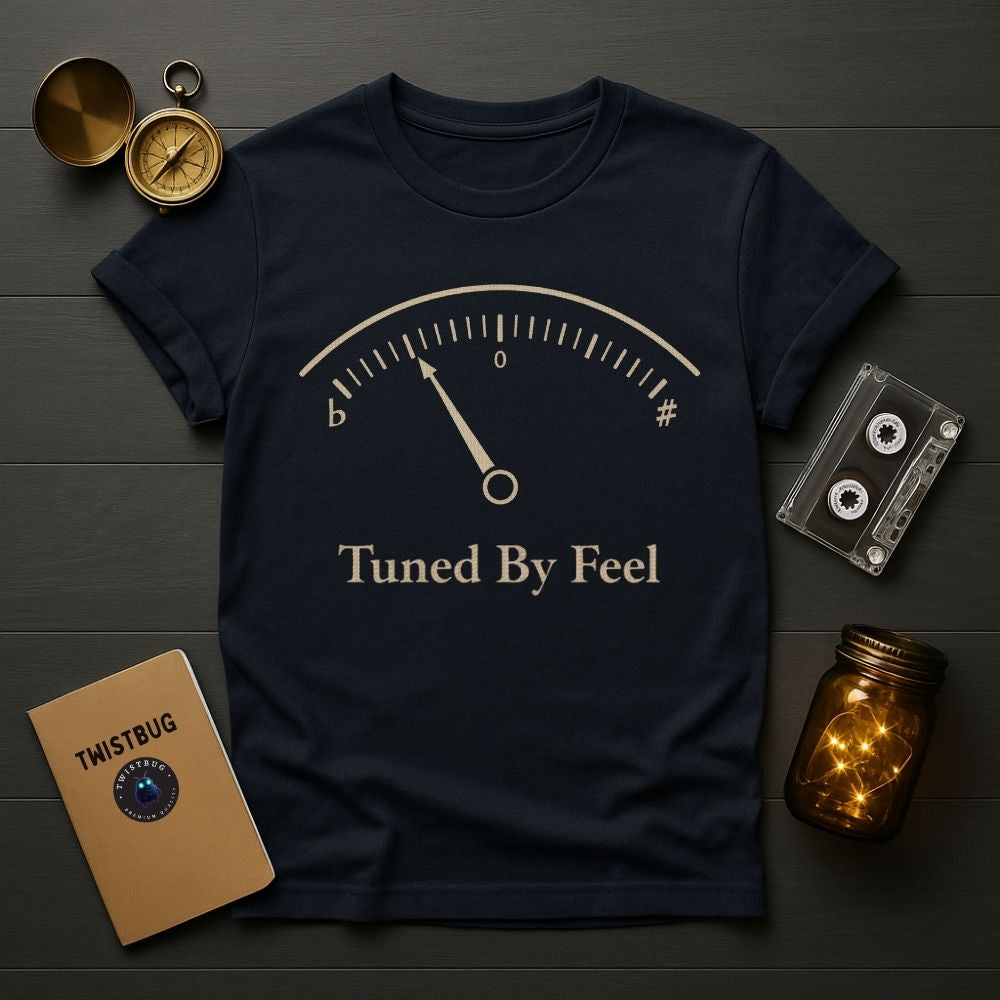 Hanging black t-shirt featuring analog tuning gauge and “Tuned By Feel” text, vintage music inspired graphic tee by Twistbug

