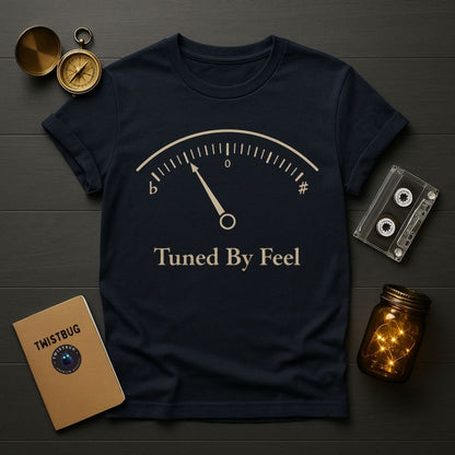 Hanging black t-shirt featuring analog tuning gauge and “Tuned By Feel” text, vintage music inspired graphic tee by Twistbug
