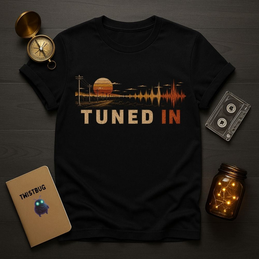 Black t-shirt with 'Tuned In' design on a wooden surface with decorative items.