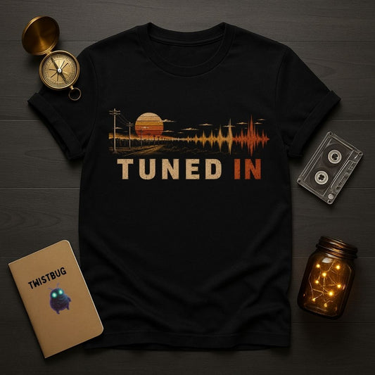 Black t-shirt with 'Tuned In' design on a wooden surface with decorative items.