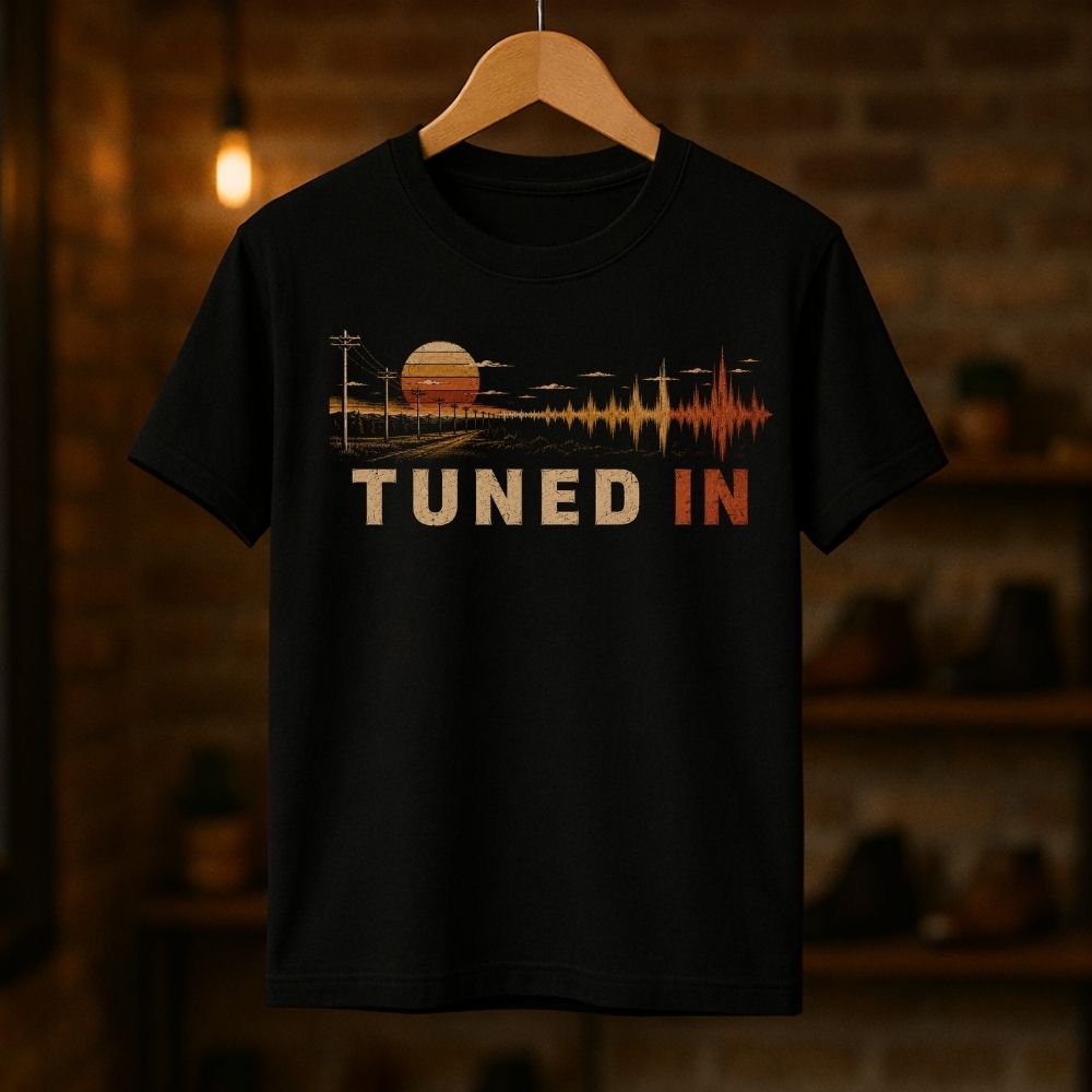 Black t-shirt with 'Tuned In' graphic design on a wooden hanger against a dark background