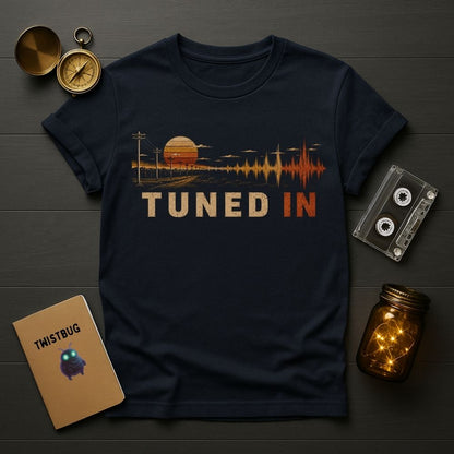 Navy blue t-shirt with 'Tuned In' graphic design on a wooden surface with vintage items.