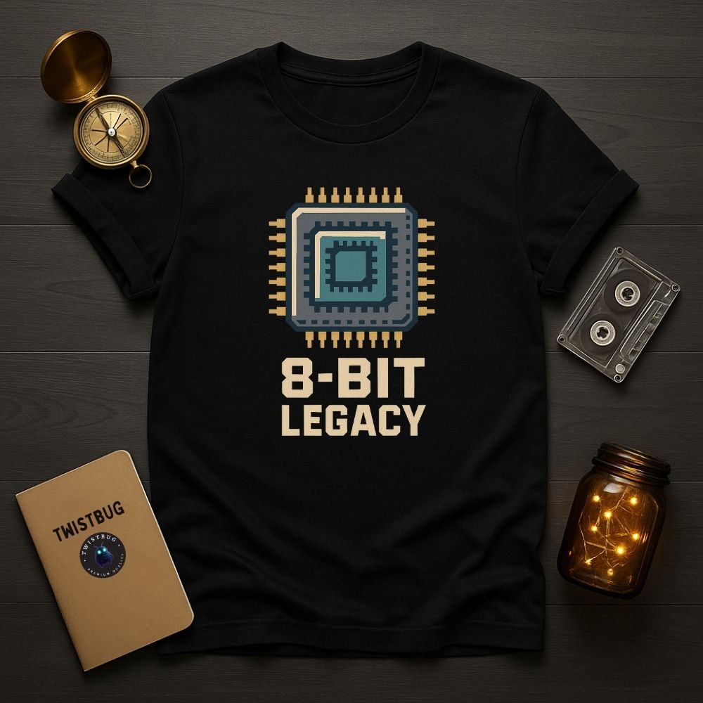 Black t-shirt with pixel microchip design and text ‘8-Bit Legacy’, flat lay on dark wooden desk with cassette and compass