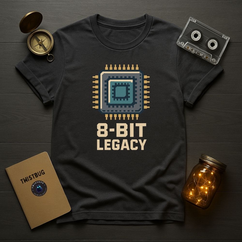 Charcoal grey 8-Bit Legacy t-shirt featuring pixel chip graphic, retro tech aesthetic