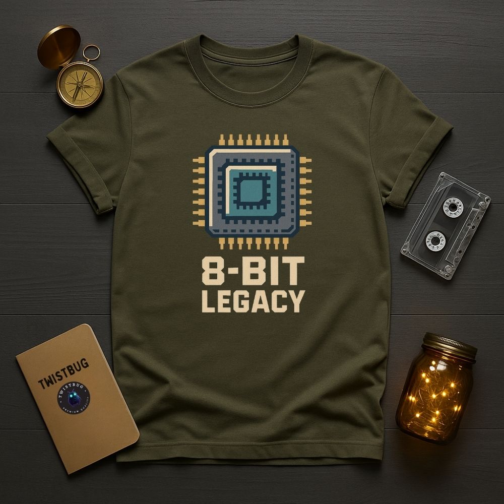 Military green 8-Bit Legacy graphic tee, vintage computer chip design for gamers