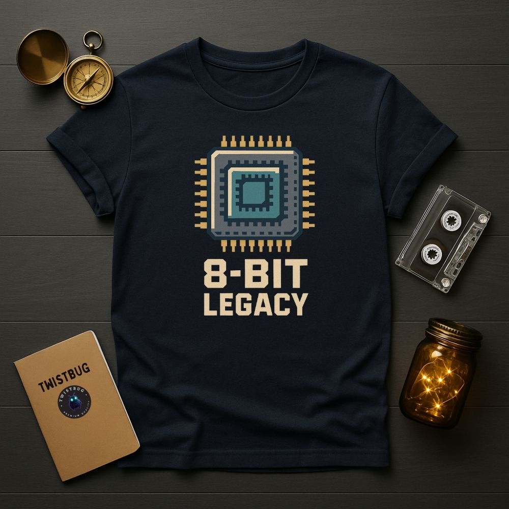 Navy 8-Bit Legacy techwear shirt, flat lay with retro cassette and compass