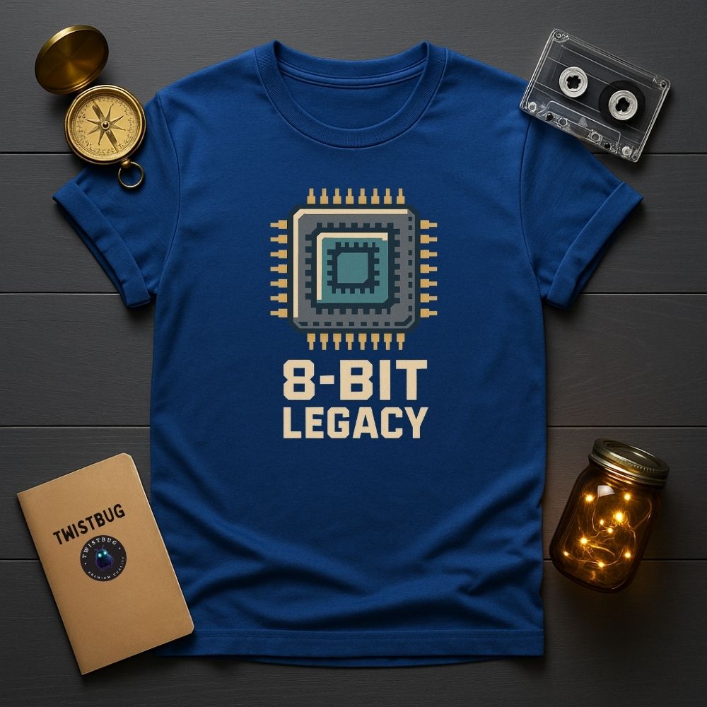 Royal blue 8-Bit Legacy t-shirt with pixel circuit chip artwork, nostalgic gamer style