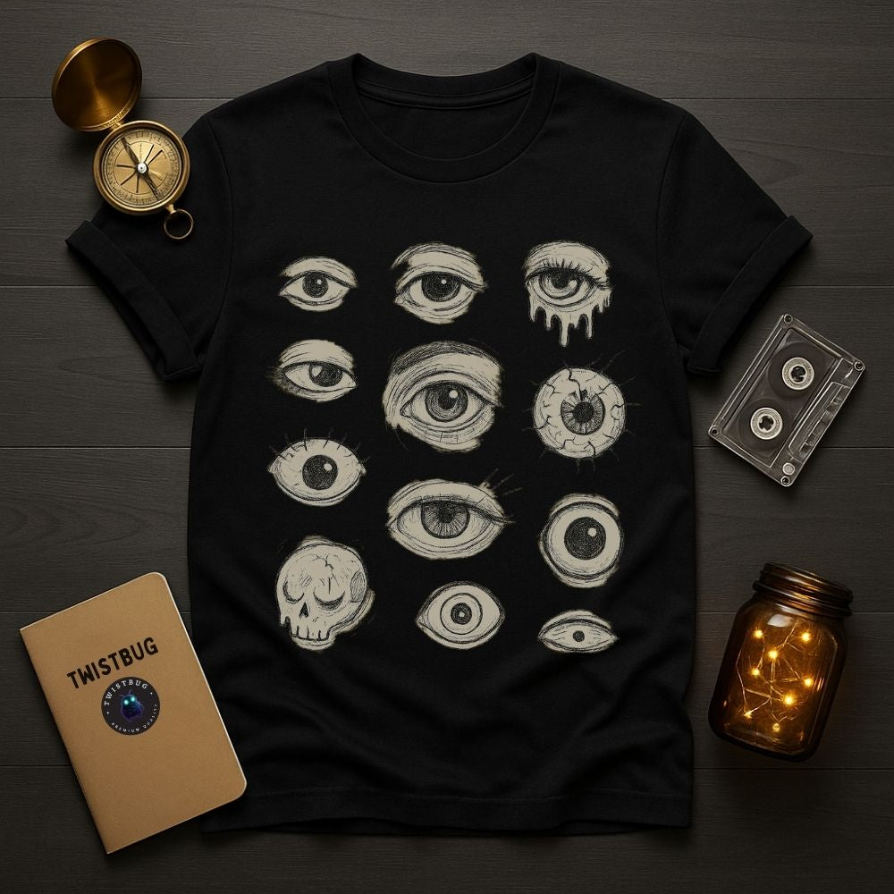 Black Twistbug graphic T-shirt with a grid of surreal illustrated eyes and a skull, flat lay with vintage props