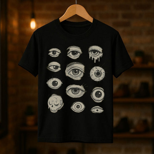 Black Twistbug T-shirt on a hanger showing a surreal grid of eyes and skull illustration