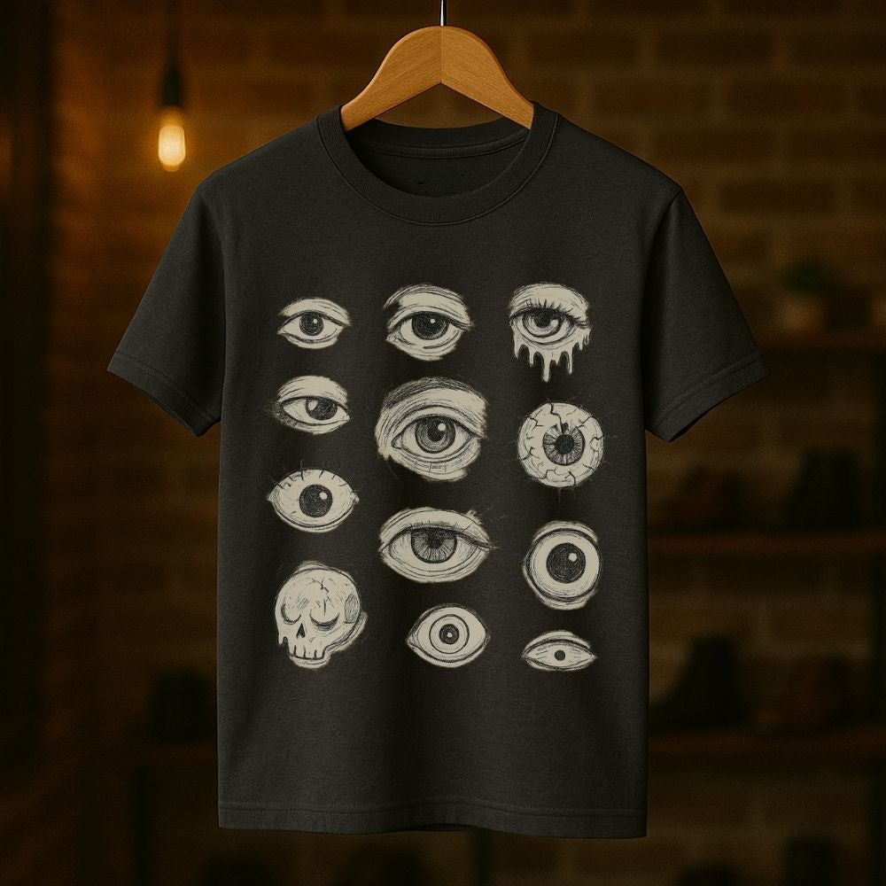 Charcoal gray Twistbug T-shirt on a hanger featuring hand-drawn eyes and skull in a dark surreal art style