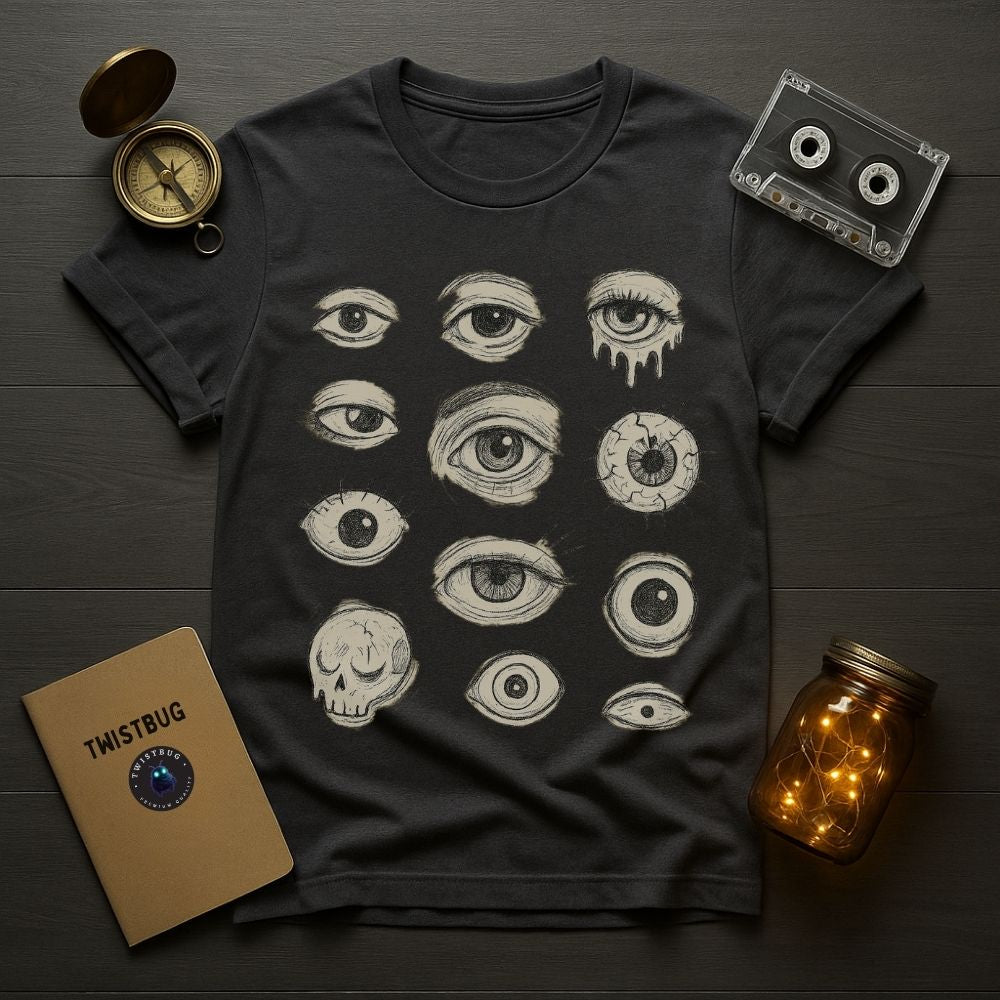 Dark gray Twistbug T-shirt featuring a collection of hand-drawn eyes and skull in a surreal illustration, flat lay product photo