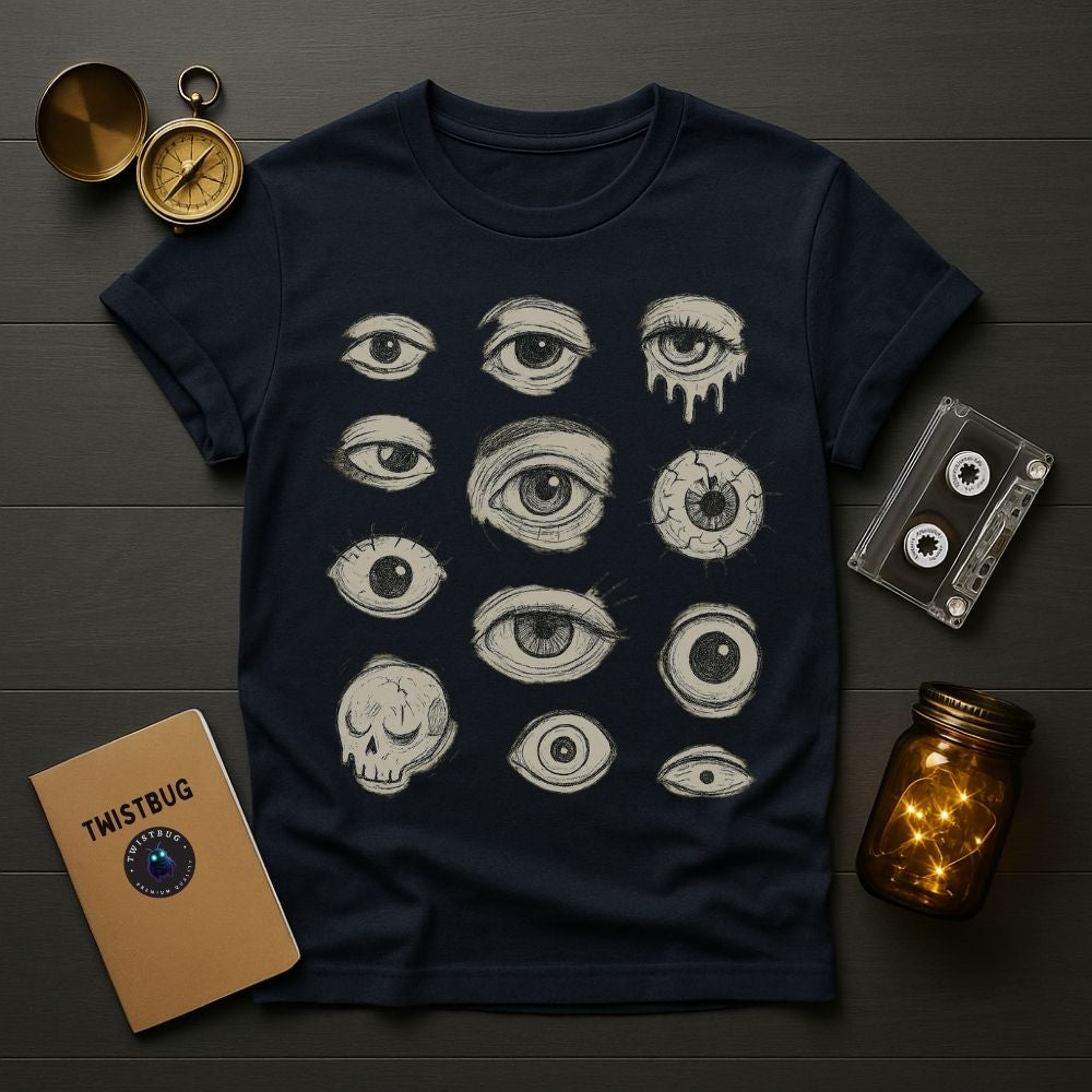 Navy blue Twistbug graphic T-shirt with multiple surreal eyes and skull artwork, laid flat with cassette and compass
