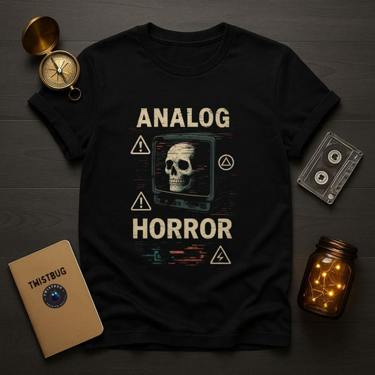 Black Analog Horror graphic T-shirt flat lay with skull CRT design and retro props