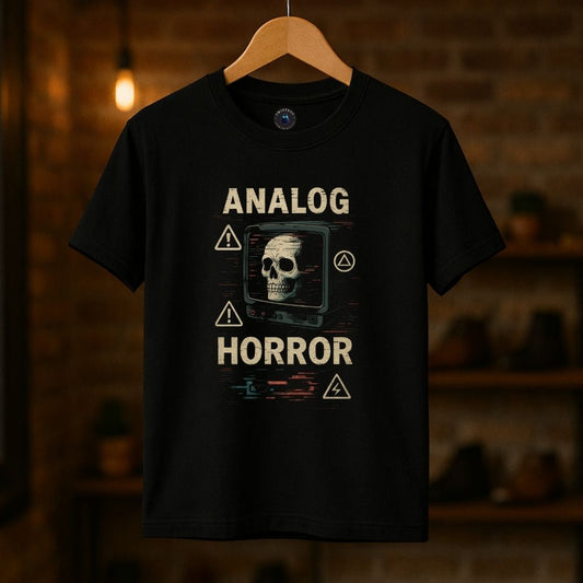 Black unisex T-shirt with “Analog Horror” graphic showing a skull on a glitching CRT screen