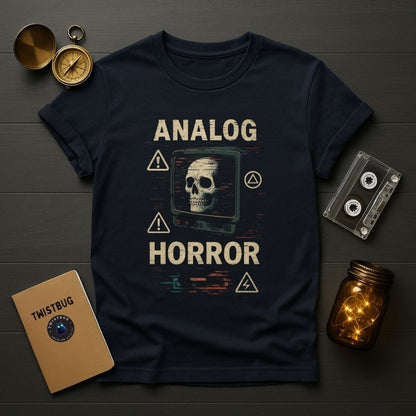 Navy Analog Horror T-shirt with glitch skull TV graphic, flat lay presentation