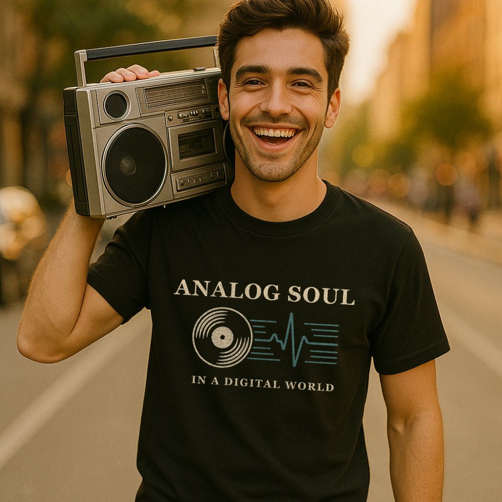 Man wearing a black Analog Soul in a Digital World t-shirt, smiling and carrying a vintage boombox on his shoulder in a retro street setting.
