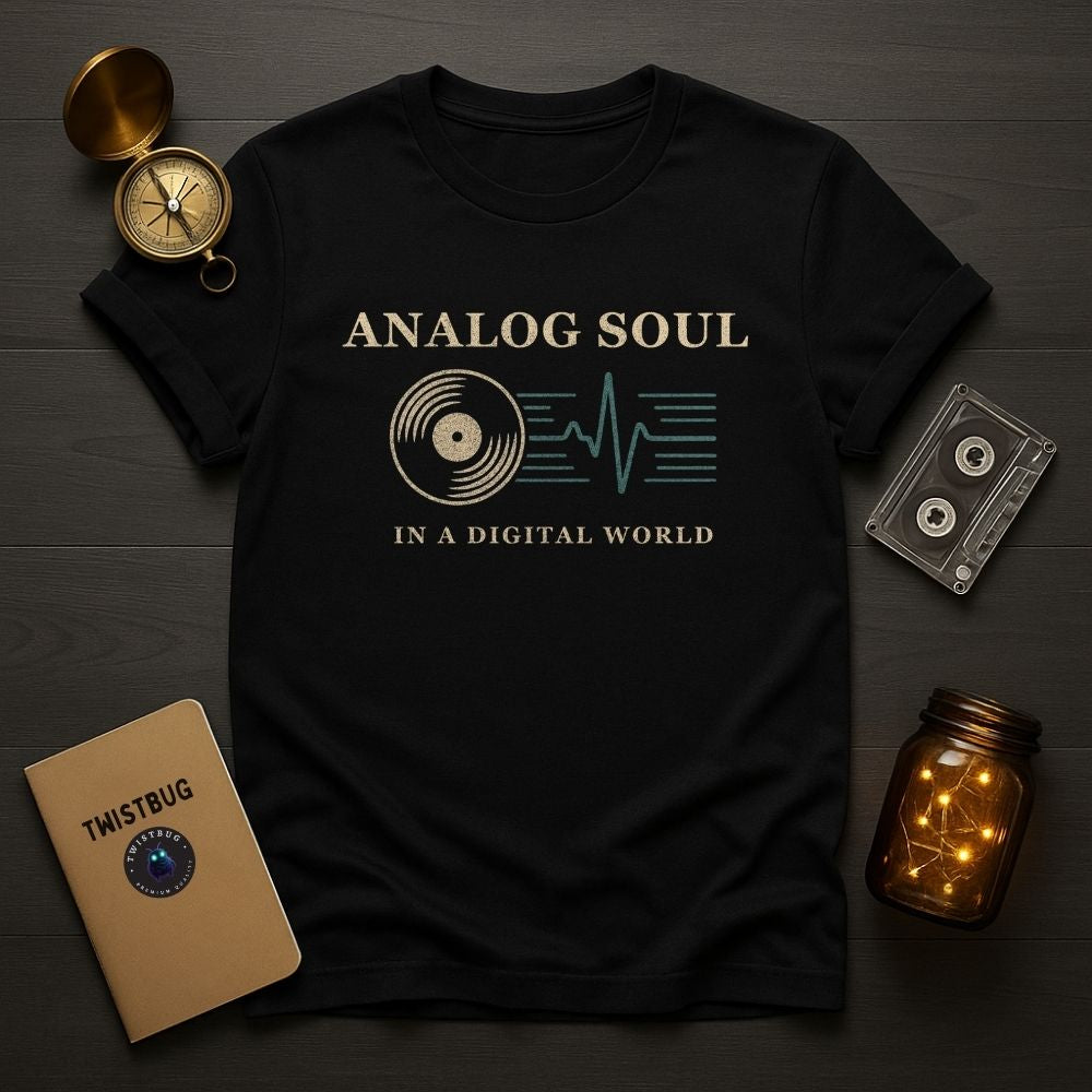 Black Analog Soul in a Digital World t-shirt in a flatlay with a compass, cassette tape, notebook, and glowing jar lights.
