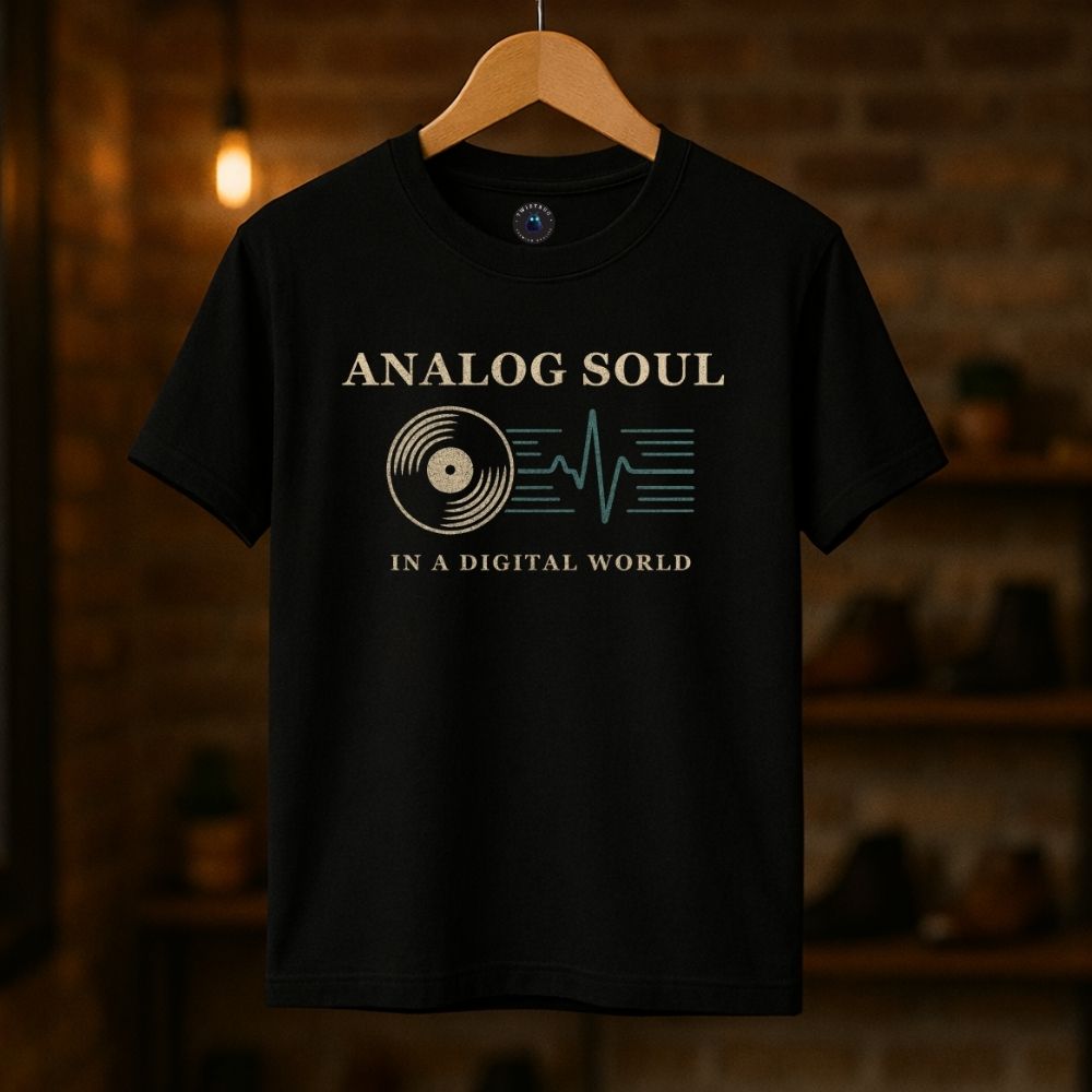 Black Analog Soul in a Digital World t-shirt hanging on a wooden hanger in a warm retro-style room.
