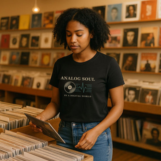 Woman browsing vinyl records in a record store wearing a black Analog Soul in a Digital World t-shirt.
