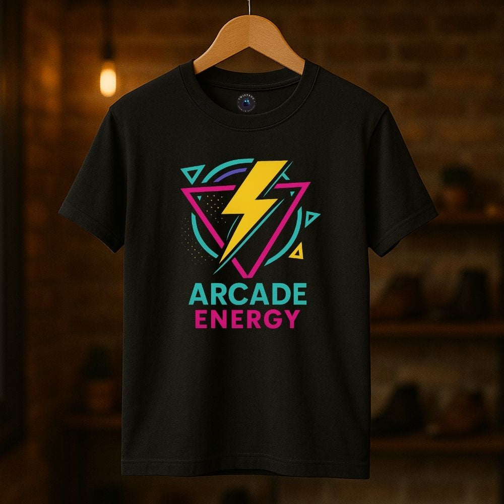 Black Arcade Energy T-shirt on hanger with neon lightning bolt and retro triangle design, Twistbug retro gaming apparel
