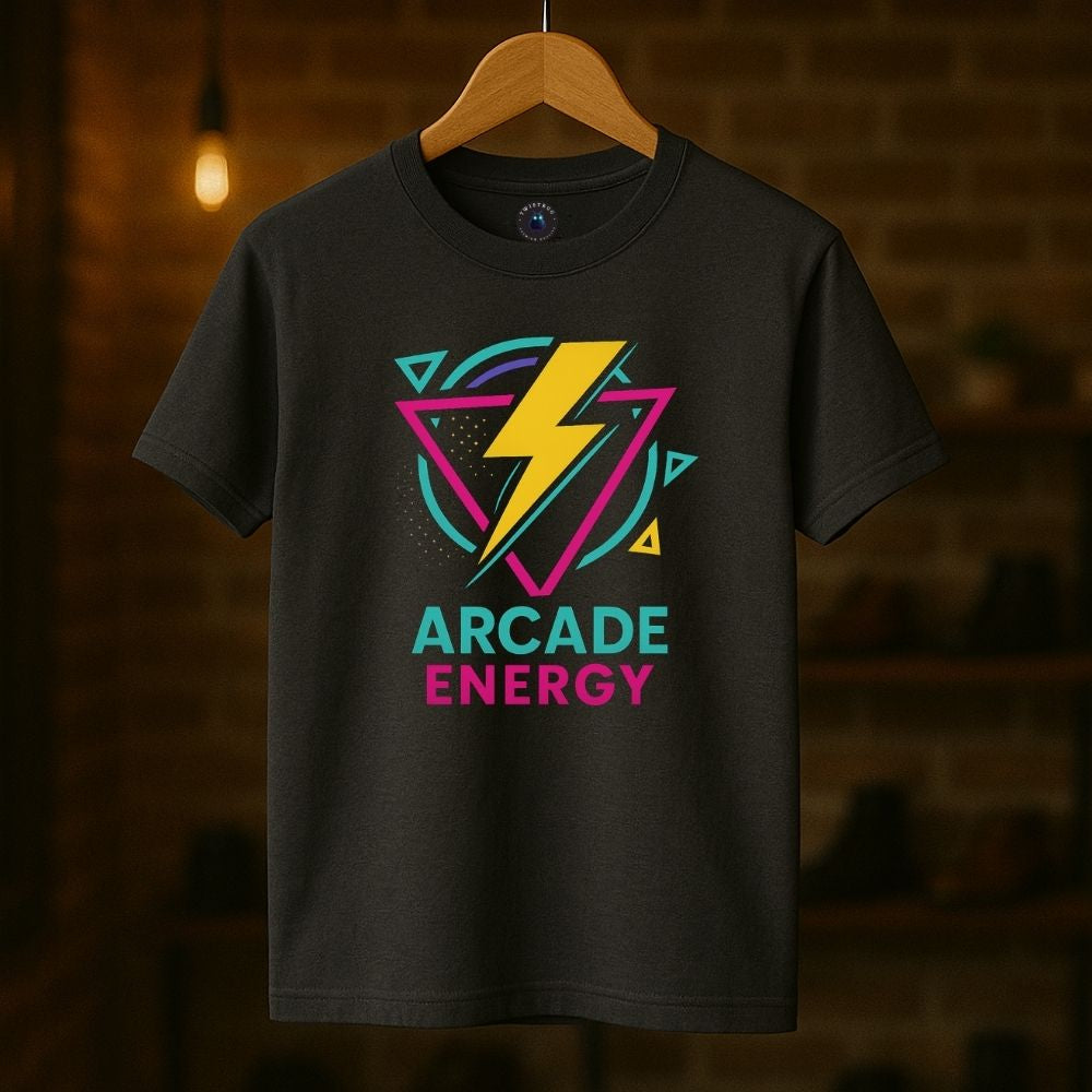 Charcoal Arcade Energy T-shirt on hanger featuring neon lightning bolt and geometric retro shapes, Twistbug retro gaming shirt