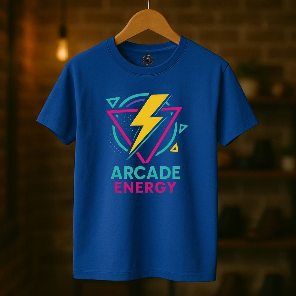 Royal blue Arcade Energy T-shirt on hanger with neon lightning bolt and 80s arcade graphic, Twistbug gaming shirt mockup
