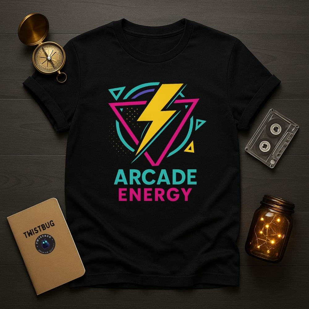 Flatlay of black Arcade Energy T-shirt with neon lightning bolt retro design, cassette and compass props, Twistbug gaming apparel