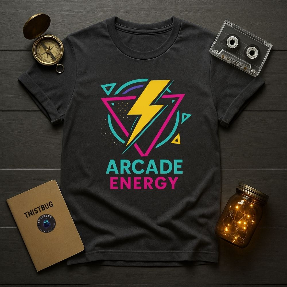 Flatlay of charcoal Arcade Energy T-shirt with colorful retro lightning design, cassette and lantern props, Twistbug retro apparel