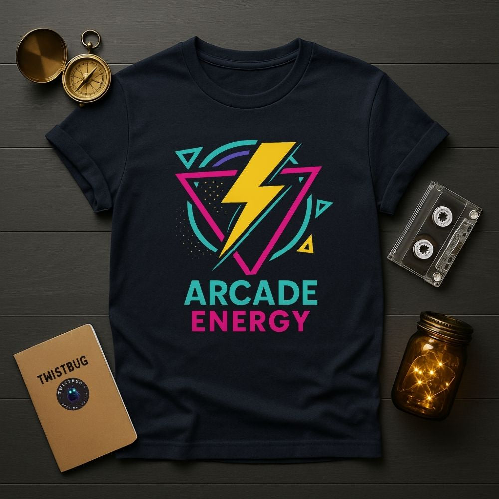 Flatlay of navy Arcade Energy T-shirt with neon lightning bolt and geometric shapes, retro props and notebook, Twistbug clothing