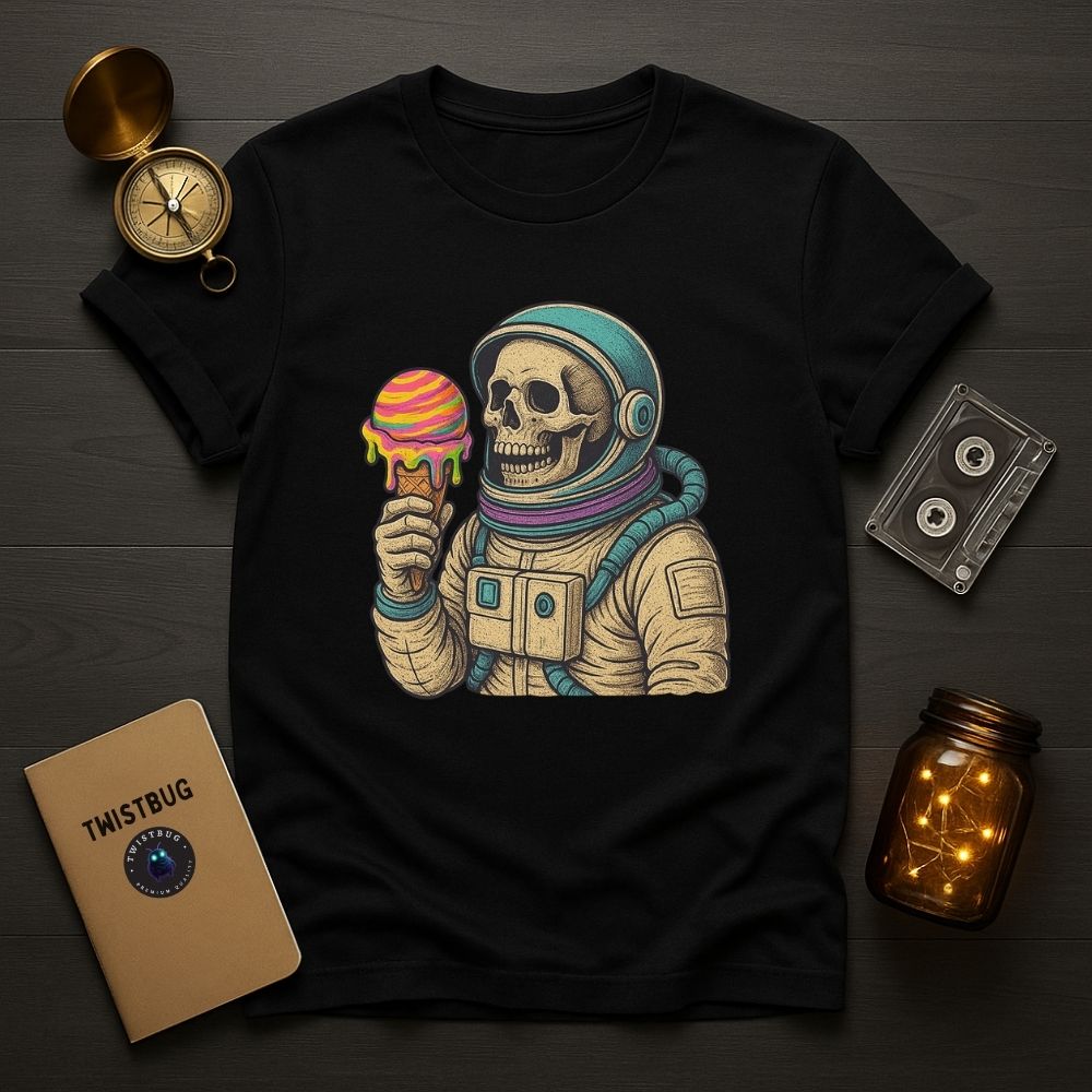 Black unisex T-shirt featuring a colorful astronaut skull holding a melting rainbow ice cream, laid flat with vintage props on a dark wooden background.