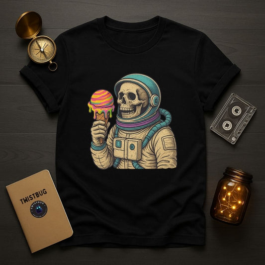 Black unisex T-shirt featuring a colorful astronaut skull holding a melting rainbow ice cream, laid flat with vintage props on a dark wooden background.