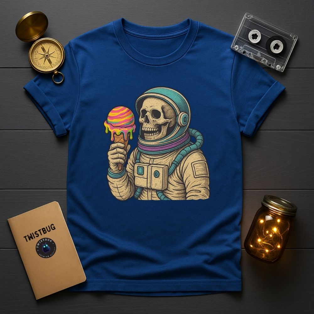 Royal blue T-shirt showing astronaut skull ice cream design, styled with dark wood background and soft ambient lighting.
