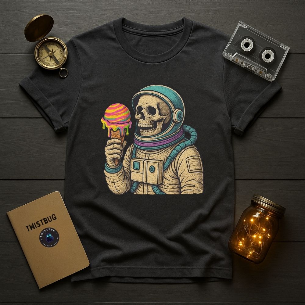 Charcoal gray astronaut skull ice cream graphic tee on a wooden desk setup with retro accessories and warm lighting.