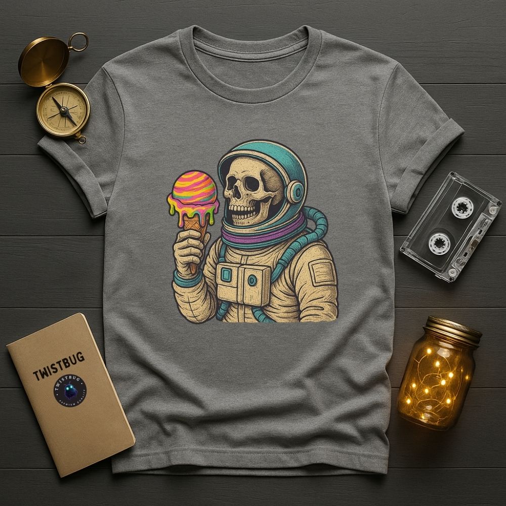 Heather gray T-shirt with a surreal astronaut skull and ice cream print, placed beside a TWISTBUG notebook, cassette, and fairy-light jar.