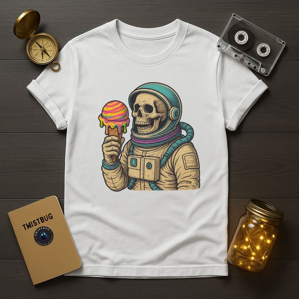 White unisex T-shirt with a retro astronaut skull eating a melting ice cream, surrounded by a compass, cassette, and glowing jar.