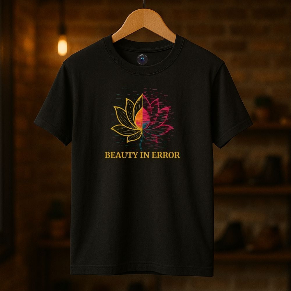 Black “Beauty in Error” T-shirt hanging in warm boutique lighting, showing glitch lotus and mindfulness message.