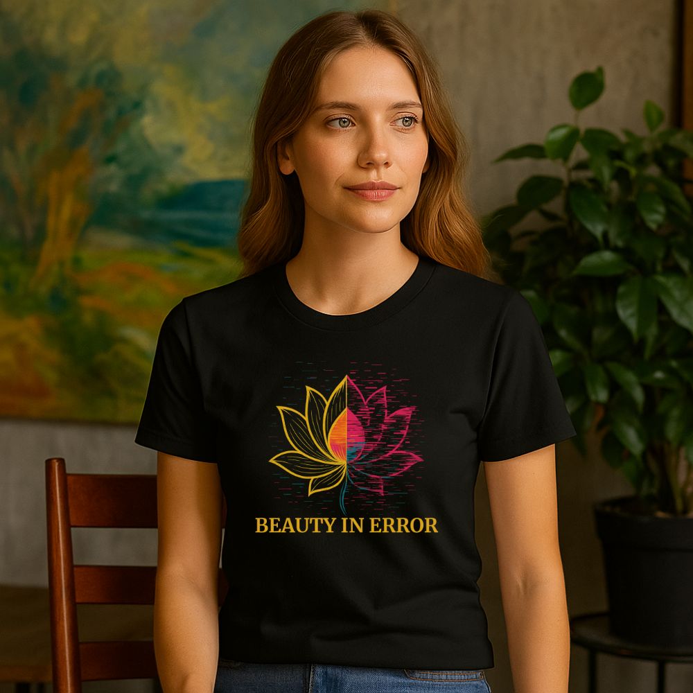 Woman indoors wearing “Beauty in Error” T-shirt with glitch lotus artwork, cozy natural light and calm expression.